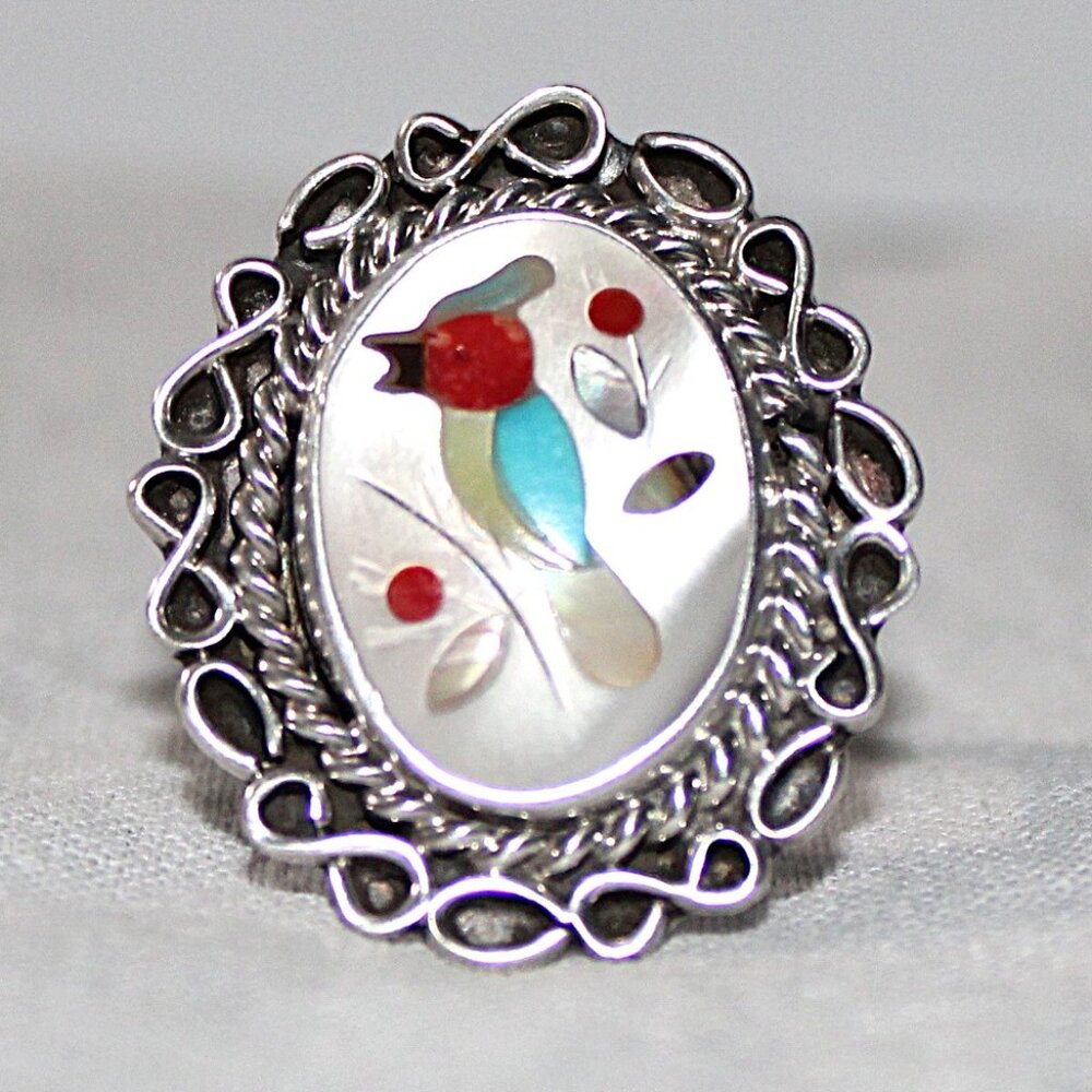 Vintage Sterling Silver Mosaic Mother of Pearl Bird Ring SZ 7.5